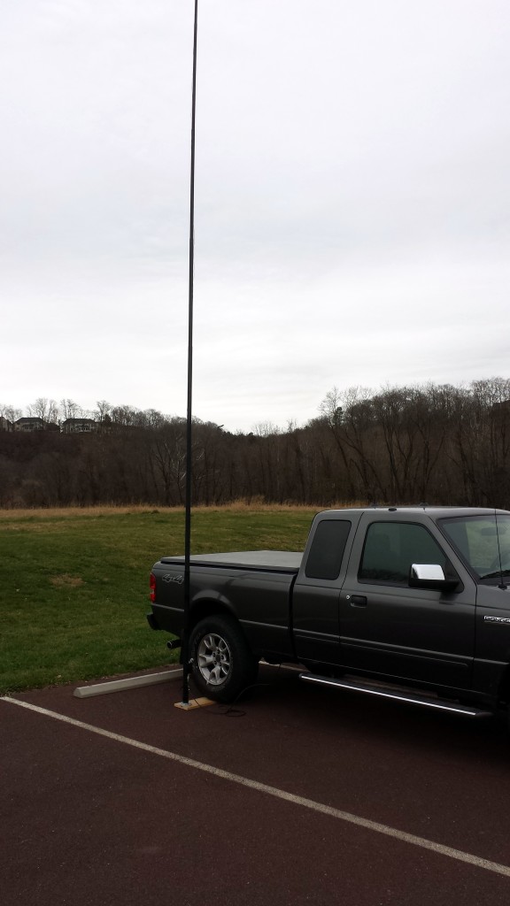 My vertical antenna. 29.5-foot radiator fed through a 4:1 unun with two 29.5-foot radials.