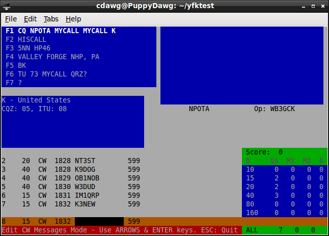 YFKtest screenshot showing my custom CW messages