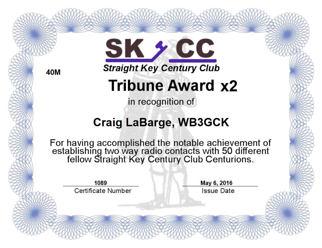 My SKCC Tribune x2 certificate for working 100 unique Centurion, Tribune and Senator level members. I still need about 500 more to reach the Senator level.