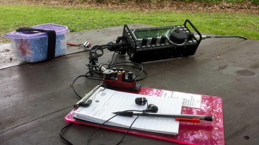 My setup at Upper Schuylkill Valley Park. The food storage container is holding a 6 A-H LiFePO4 battery.