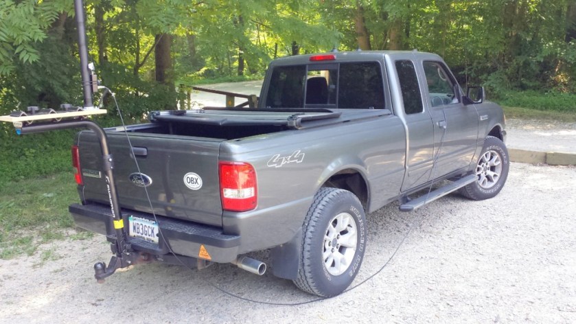 My "stationary-mobile" set up. The antenna is a 30-foot vertical wire supported by a Jackite pole and fed through a 9:1 unun.
