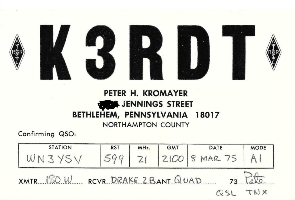 QSL card from my first ham radio contact with K3RDT.