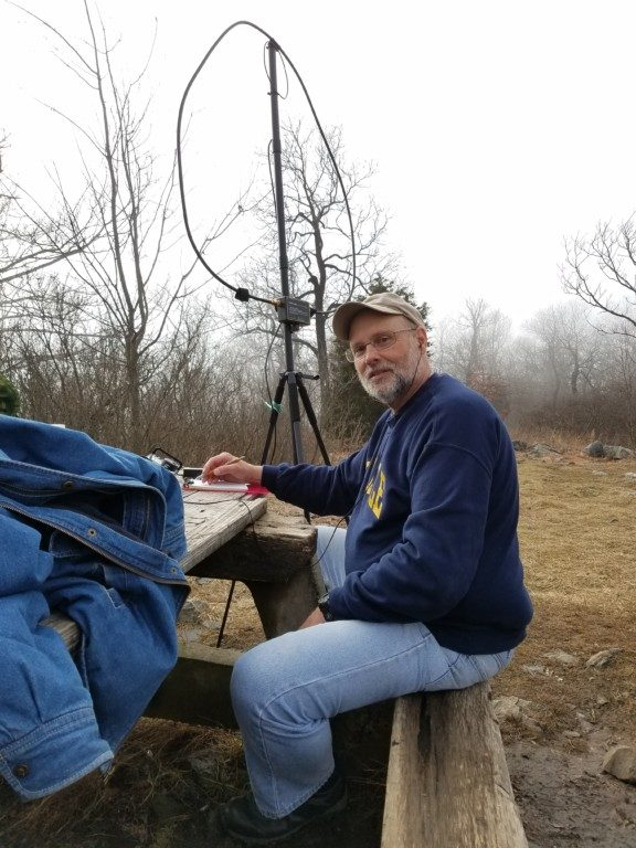 WB3GCK operating from the fire tower. This was taken during a brief break in the weather.