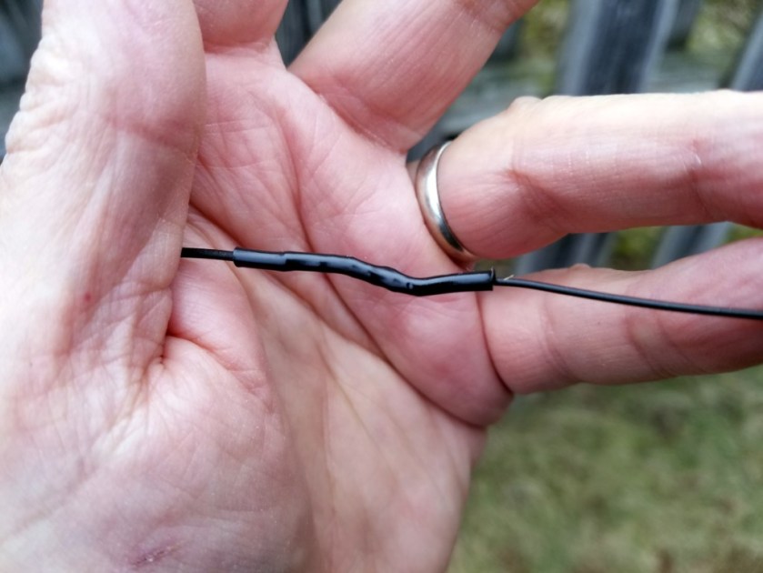 The Splice of Shame. This is the splice I had to put onto my LNR EFT-10/20/40 EFHW antenna to correct my pruning error.