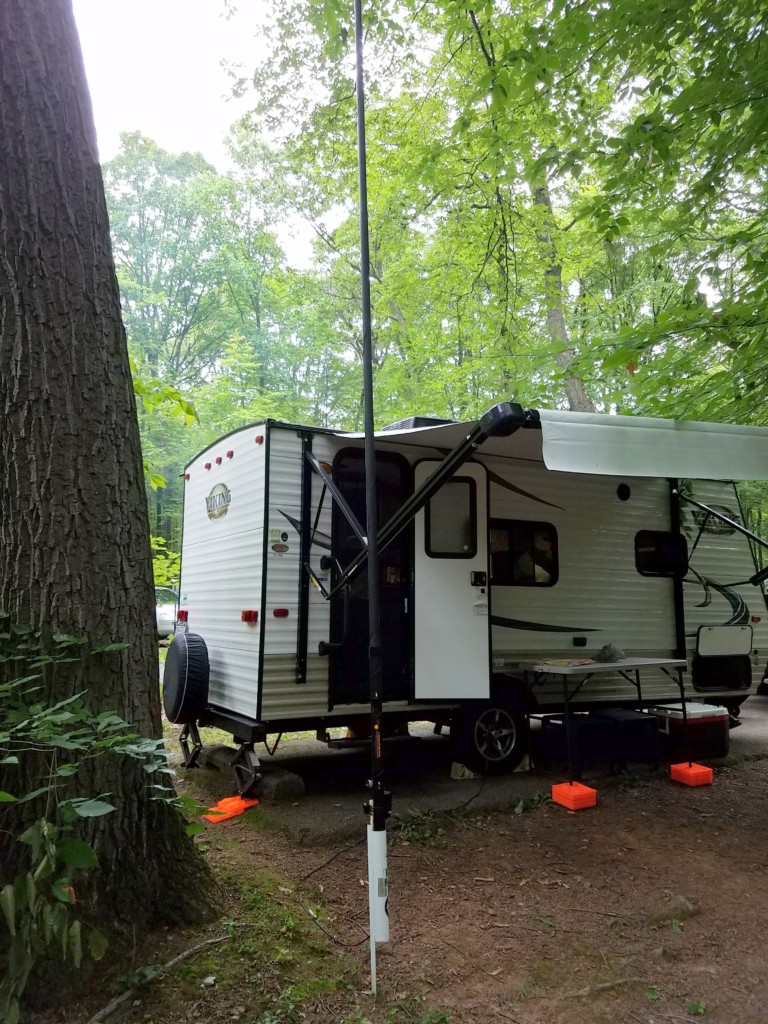 My 31-foot Jackite pole. This time I located the antenna about 10 feet away from the trailer.