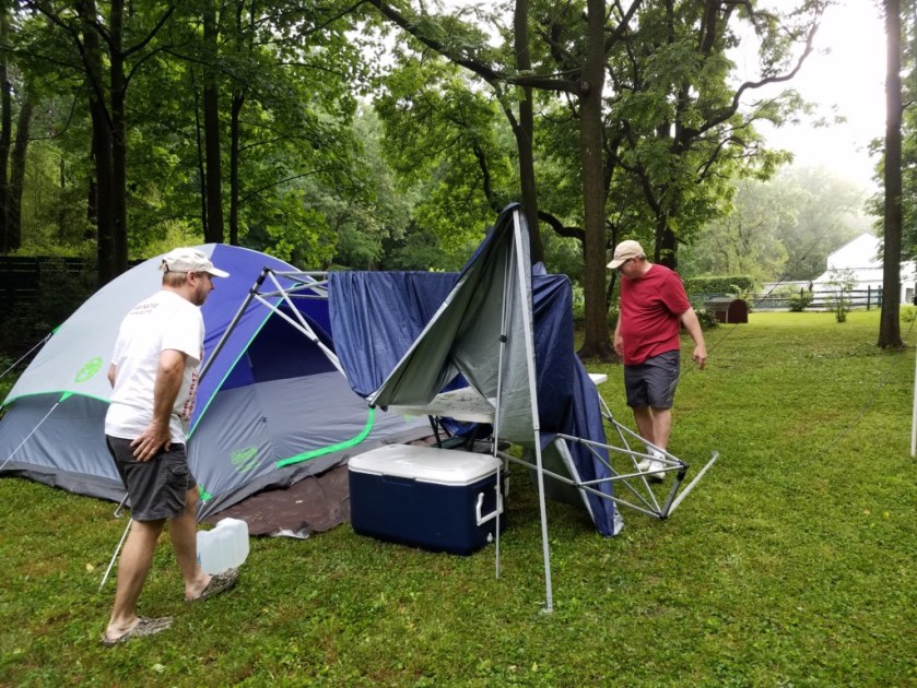 Ron WA8YIH (left) and Glen NK1N surveying the aftermath of Tropical Depression Cindy. Ron's canopy was a total loss.