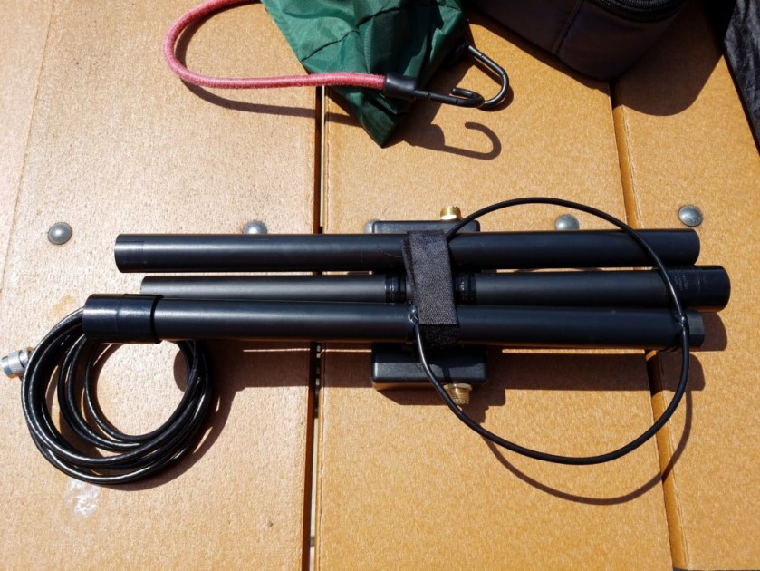 This is how I arranged the AlexLoop components prior to putting them in a protective stuff sack. The velcro straps attached to the tuning box are used to help hold the pieces together.