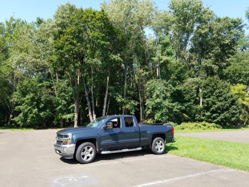 My unshaded site at Valley Forge. It's hard to see, but my 31-foot Jackite pole if mounted is mounted on a bike rack on the back of my truck.