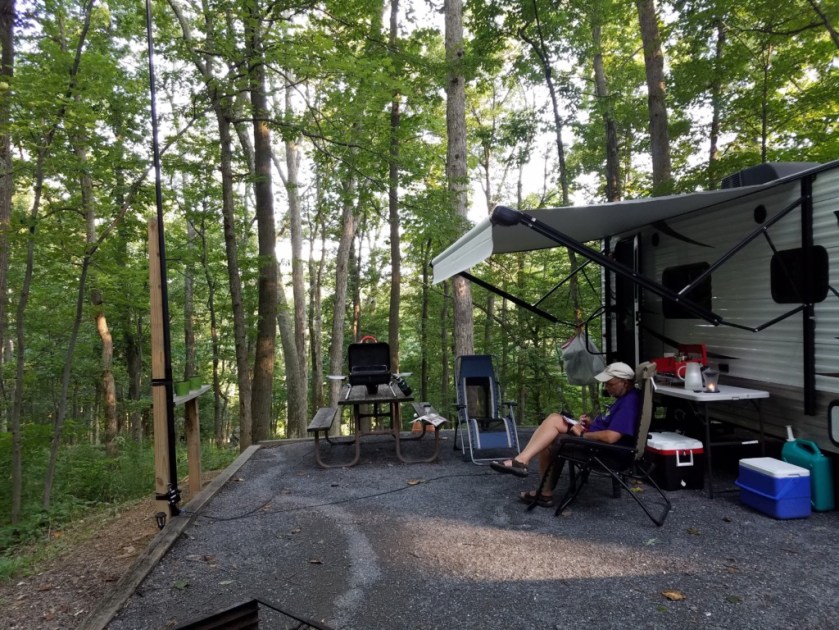 Operating from our campsite in Cunningham Falls State Park in Thurmont, Maryland. My 31-foot Jackite pole is strapped to the lantern post on the left.
