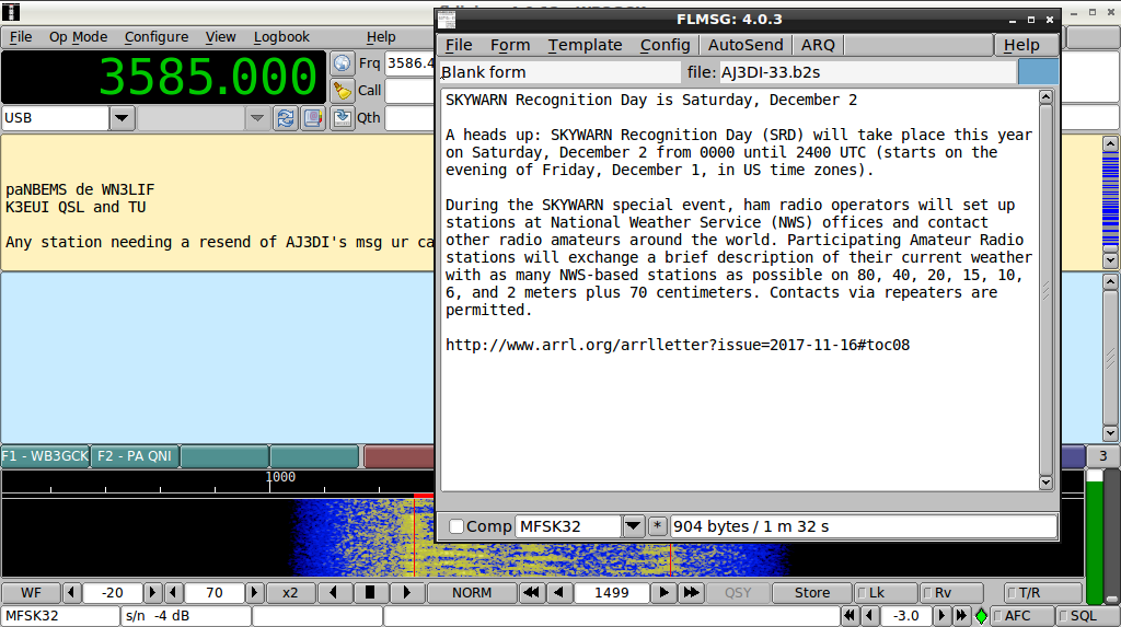 Message traffic sent on the paNBEMS Net. K3EUI relayed the message original transmitted by AJ3DI.