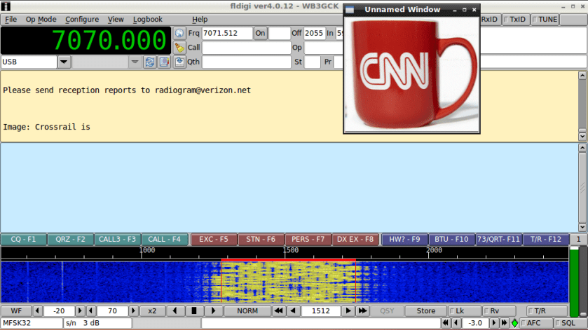One of the images captured during the Shortwave Radiogram broadcast on WRMI in Florida. The broadcast was on 11580 KHZ, not 7070KHz, as indicated in fldigi.