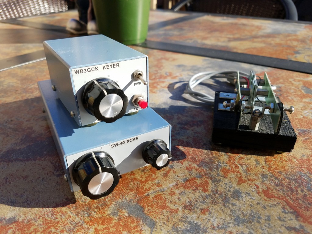 Some of the equipment I used for the QTTF Contest in 1995. The SW-40 and NorCal Keyer are packaged in LMB enclosures. My "Junkbox Paddles" are on the right. I made a lot of QSOs with this setup in years past.