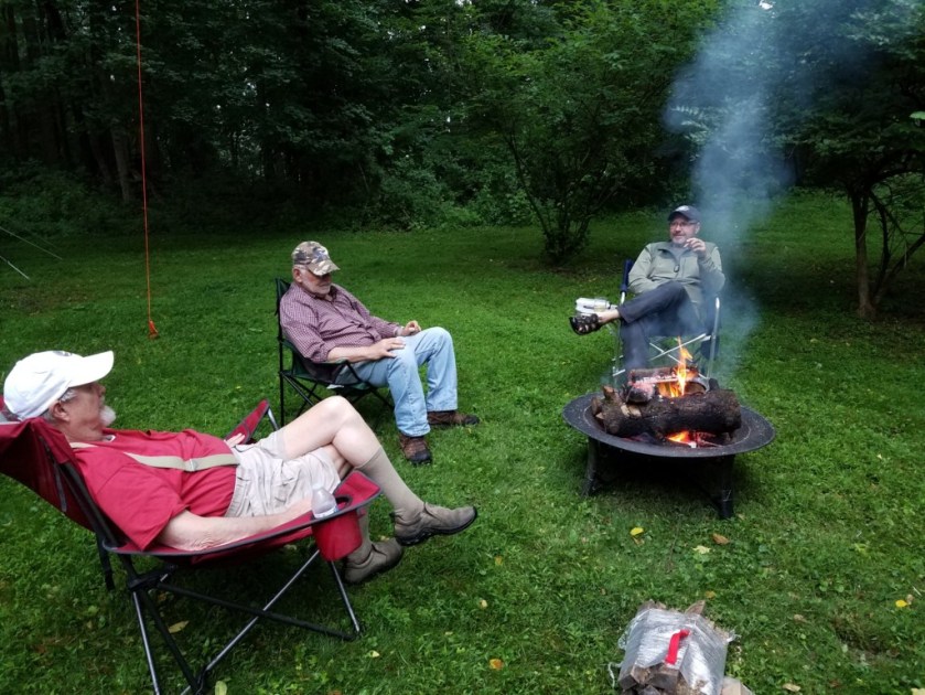 (l-r) K3YTR, WC8R, and WA8YIH enjoy the campfire at W3BQC Field Day 2018