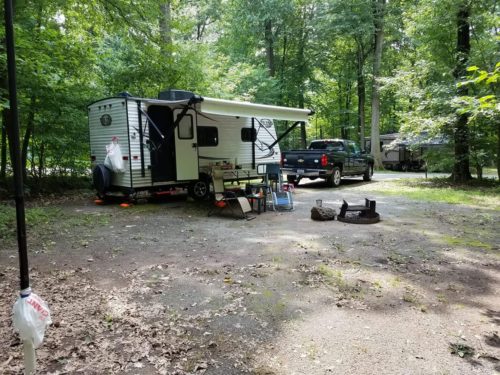 The WB3GCK “QRP Camper” at French Creek State Park near Elverson, Pennsylvania. The Jackite pole supporting my 29-foot vertical wire can be seen on the right in the photo.