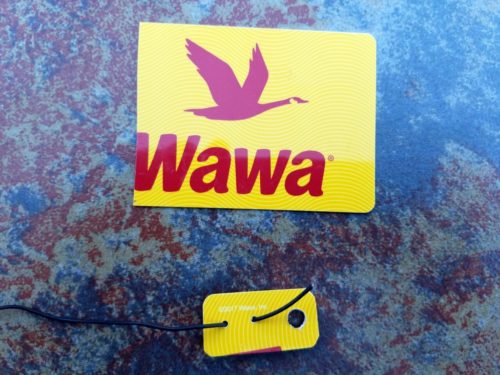The end insulator and the gift card from which it was cut. (Disclaimer: I have no financial interest in the Wawa company, except that I have consumed untold quantities of their coffee over the years.)
