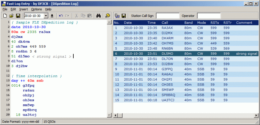 Fast Log Entry (FLE) main screen