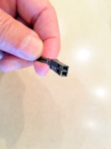 This is the 2-pin female header connector. It’s an Amphenol part but, unfortunately, I don’t have the specific part number.