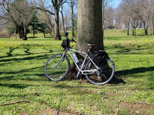 My trusty bike once again serving as the anchor for my 30-foot wire antenna.