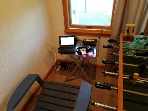 My “cozy” operating position next to a foosball table. If you look carefully, you can see the 9:1 unun through the window.