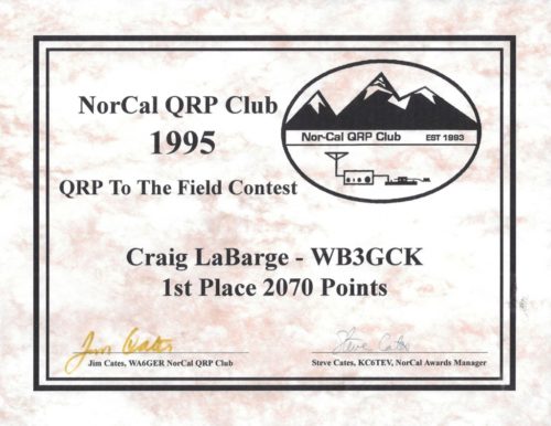 My 1st place certificate from the first-ever running of the QRP to the Field Contest in 1995