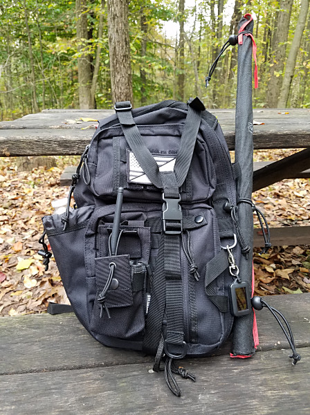 My Red Rock Rambler sling pack. My 19-ft fiberglass pole is attached to MOLLE webbing on the side of the pack. The HT pouch I added is on the lower left of the pack.