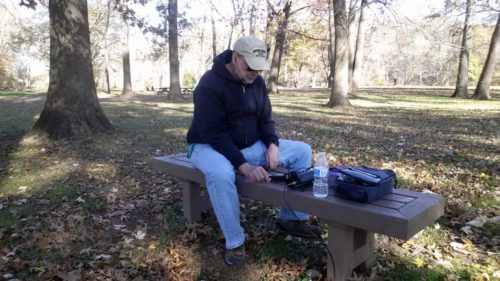 Operating from a bench in Lower Perkiomen Valley Park