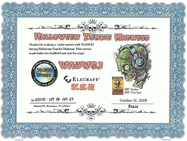 WA3WSJ Zombie Shuffle Certificate