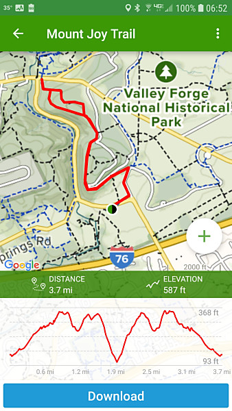 AllTrails map display. You can zoom in and navigate around the map to see a detailed view. With the paid version, you can save maps to your device for offline use.