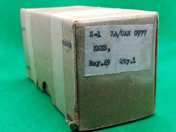 Original box for the Westclox Canadian military key. The label reads Z-1 ZA/CAN 0977 and shows a date of May 1949.