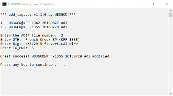 Screenshot of the add_tag.py script running
