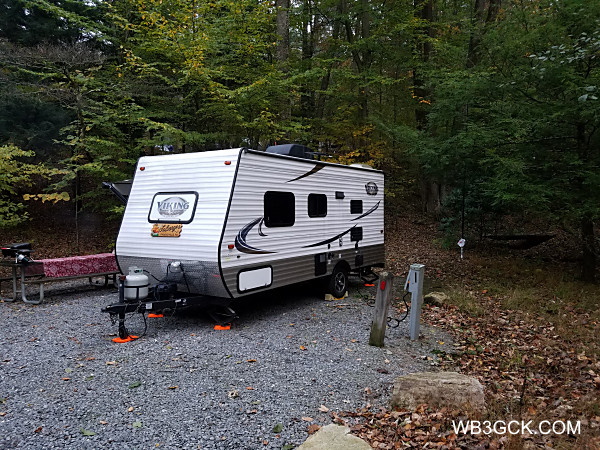The WB3GCK "QRP Camper" at Colonel Denning State Park. My antenna is that white object to the rear of the camper.