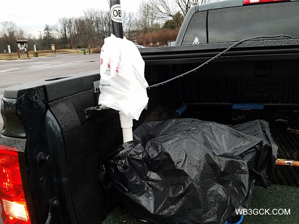 My antenna bundled up for a rainy Winter Field Day.