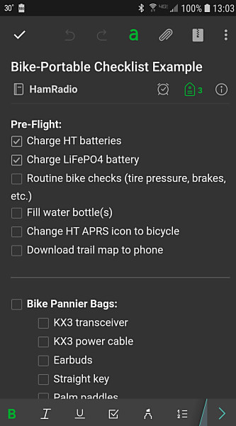 A portion of a checklist as it looks in the Evernote app on my cellphone