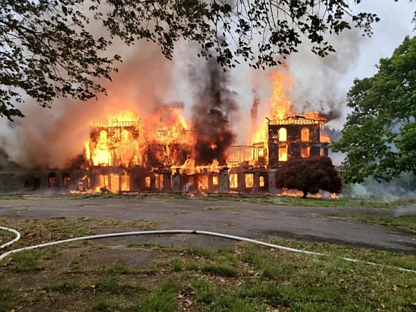 The fire at the former Bainbridge U.S. Naval Training Center in Port Deposit, Maryland. I don't recognize the building in this picture. (Photo: Maryland State Fire Marshal/ Facebook)