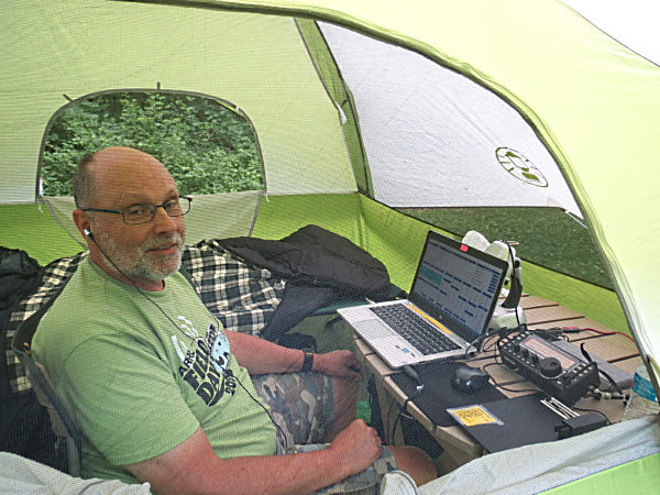 Yours truly, WB3GCK, operating CW from my tent. (Photo by WA3WSJ)