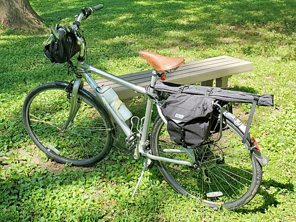 My bike loaded up with everything I need for operating QRP in the park—except for my antenna!
