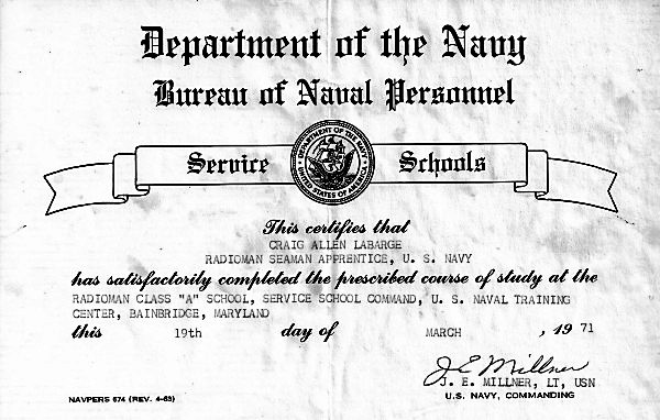 My diploma from Navy Radioman A School in March of 1971.