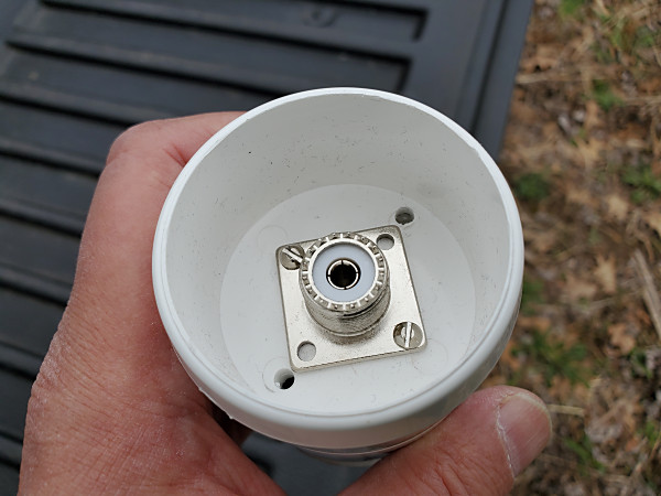 This is a view of the bottom of the UnUn. I added two "weep holes," in case there's any condenstation inside. These probably aren't necessary.