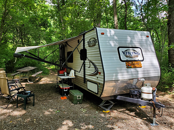 Our campsite at Susquehanna State Park in Maryland. My KX3 is located on the little green table to the left.