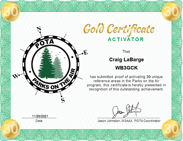 The Gold Activator award is for activating 30 unique reference areas in the Parks on the Air (POTA) programs.