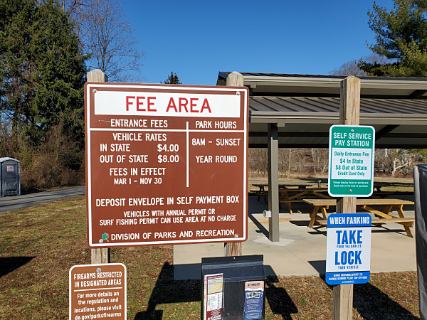 Parking fee sign at Auburn Valley State Park in Delaware