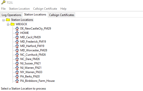 My "Station Locations" pane in TQSL showing some of the locations I have stored