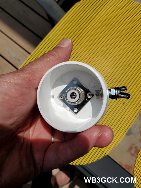 The underside of the 4:1 unun. The SO-239 is recessed to provide some protection from the elements.