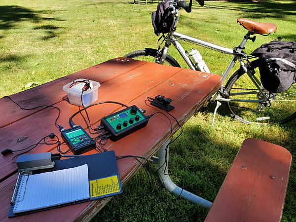 My setup in Lower Perkiomen Valley Park on the Fourth of July. My antenna is out of the shot but about 10 feet away from the picnic table.