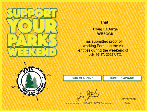 Hunters also received certificates for working parks during the Support Your Parks Weekend. My park-to-park contacts earned me this one.