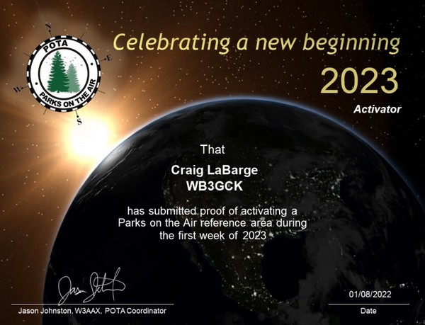 My POTA certificate for activating a park during the first week of the year.