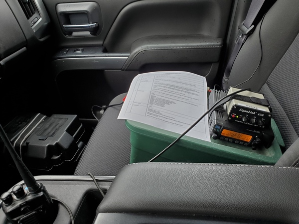 My setup for Vara FM. The radio was powered by the deep cycle battery on the floor.