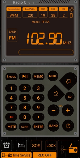 Screenshot of the RF75A Android app, which allows you to control the radio from your smartphone.