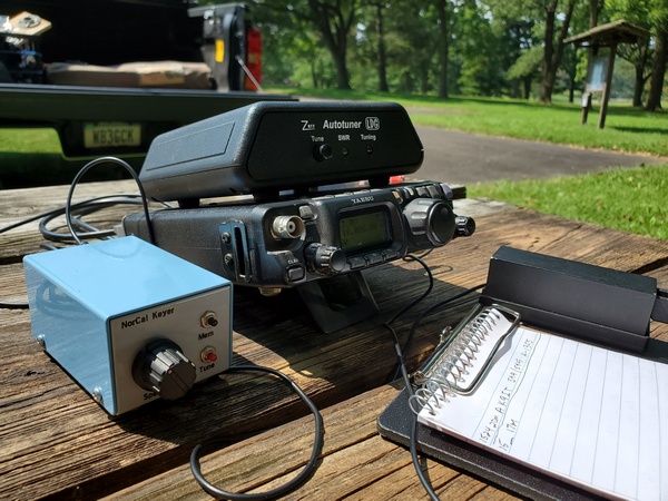 My 20 year-old Yaesu FT-817 back in the field at Valley Forge National Historical Park (K-0761, KFF-0761). The blue box in the foreground is my NorCal Keyer, which I built from a kit 20 years ago.