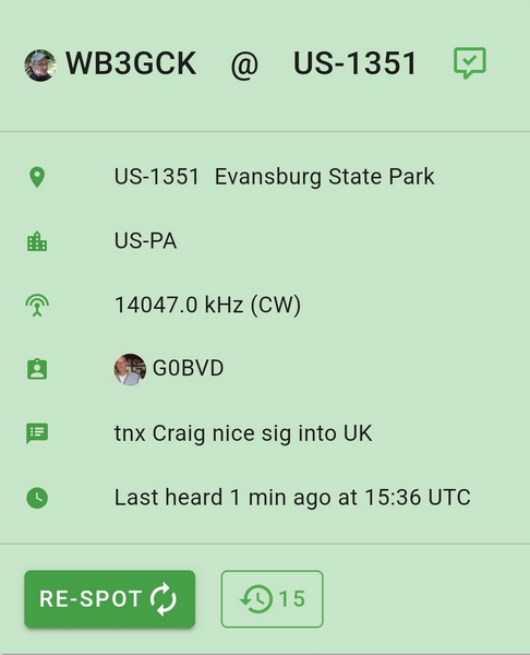 This spot from G0BVD made my day. After all these years running QRP, it still amazes me every time I work a DX station with five watts.